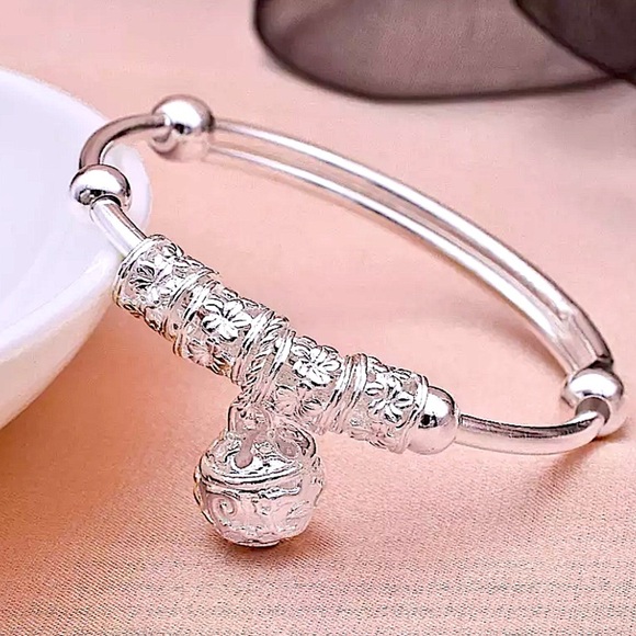 Ball Drop Sterling Silver Adjustable Bangle Bracelet - Picture 5 of 13